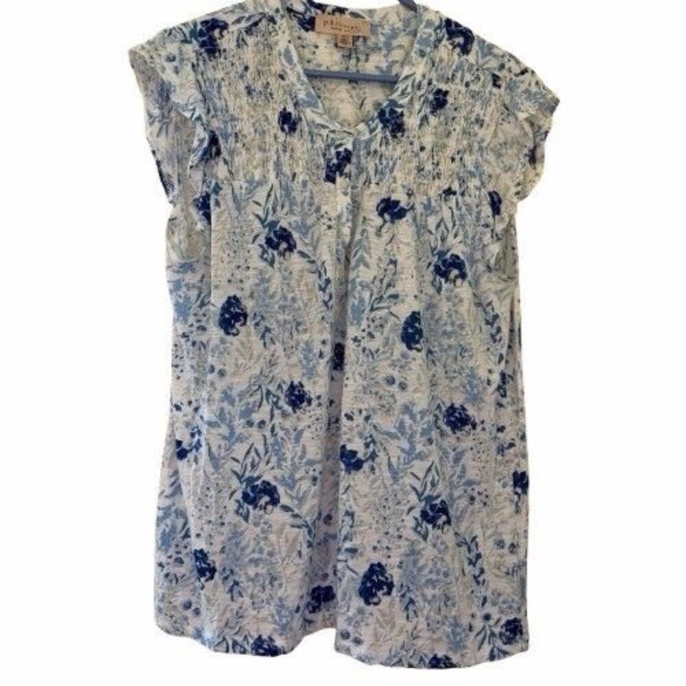 Philosophy Woman 1X Blue Floral Smocked Peasant Blouse Ruffle Sleeves